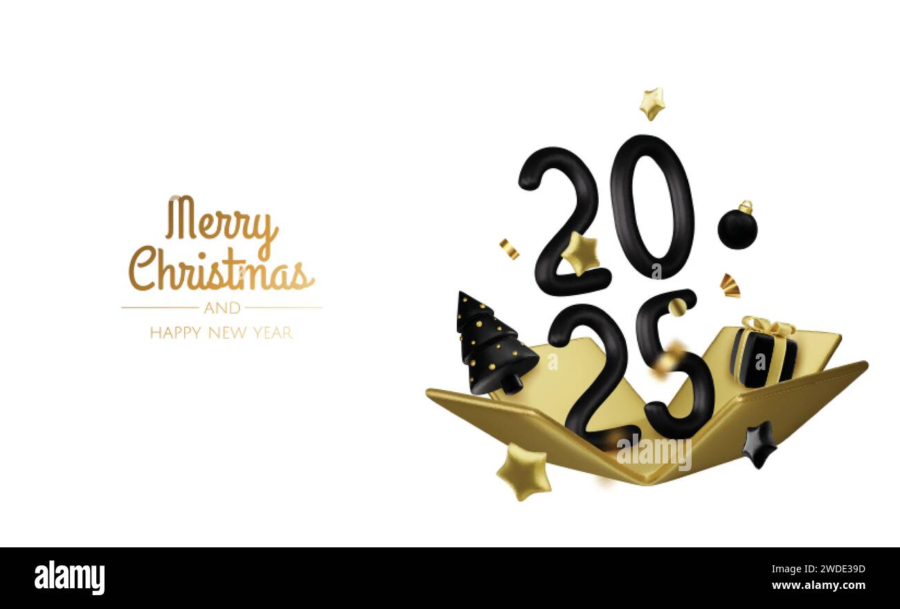 2025 Happy New Year. Realistic gift box Golden metal number. 3d render