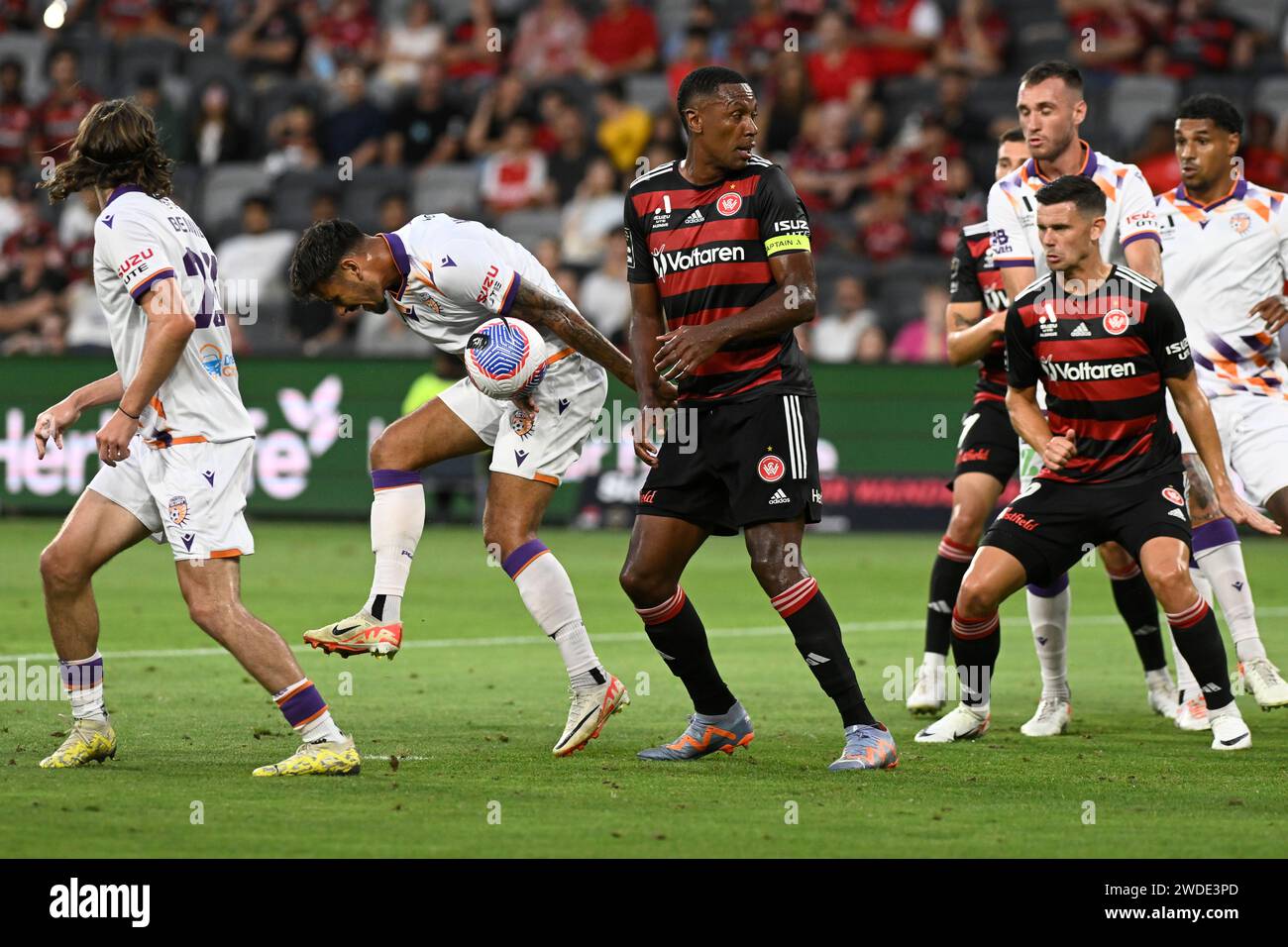 20th January 2024;  CommBank Stadium, Sydney, NSW, Australia: A-League Football, Western Sydney Wanderers versus Perth Glory; the ball appears to hit the arm of Oliver Bozanic of Perth Glory in the penalty area Stock Photo