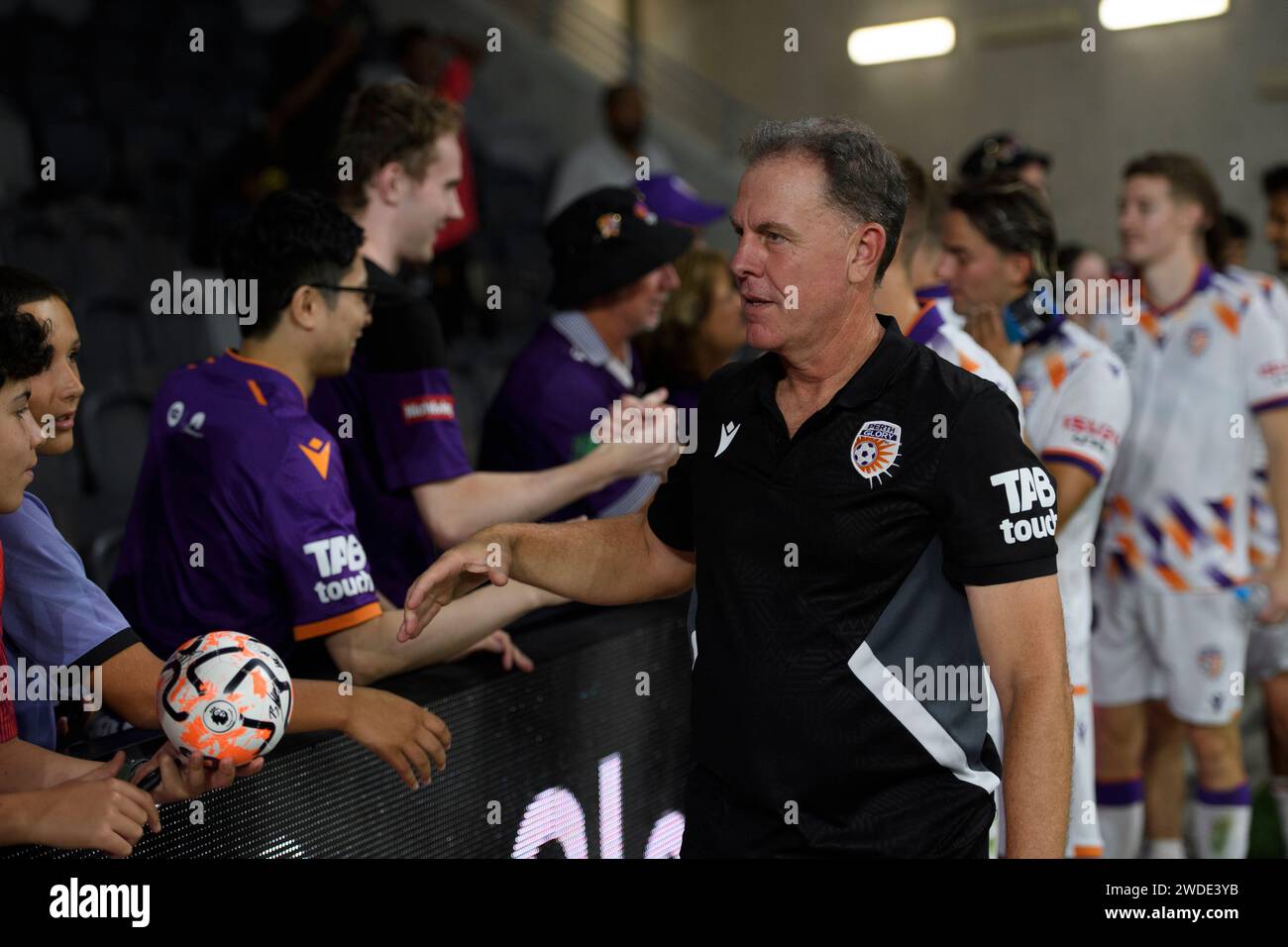 20th January 2024;  CommBank Stadium, Sydney, NSW, Australia: A-League Football, Western Sydney Wanderers versus Perth Glory; Alen Stajcic coach of Perth Glory celebrates with fans after his team defeat Western Sydney 2-1 Stock Photo