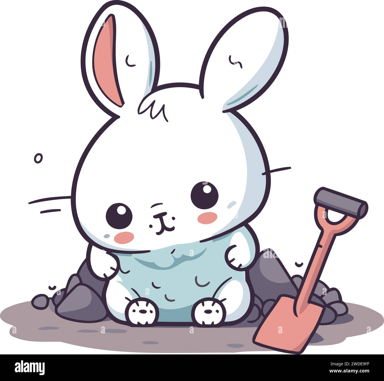 Rabbit digging a hole with shovel. Cute cartoon character. Stock Vector