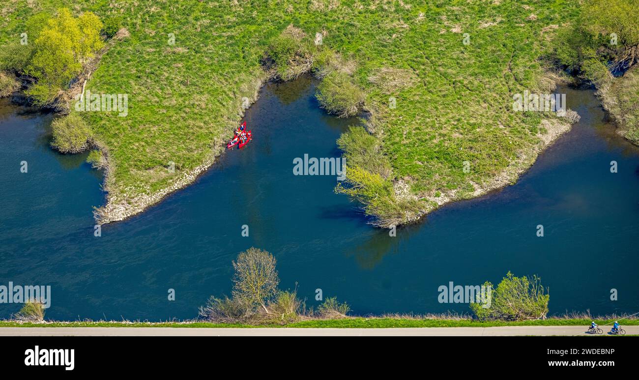 Rhine Ruh Aerial view, canoeists on the river Ruhr at the Hattinger Ruhrschleife ...