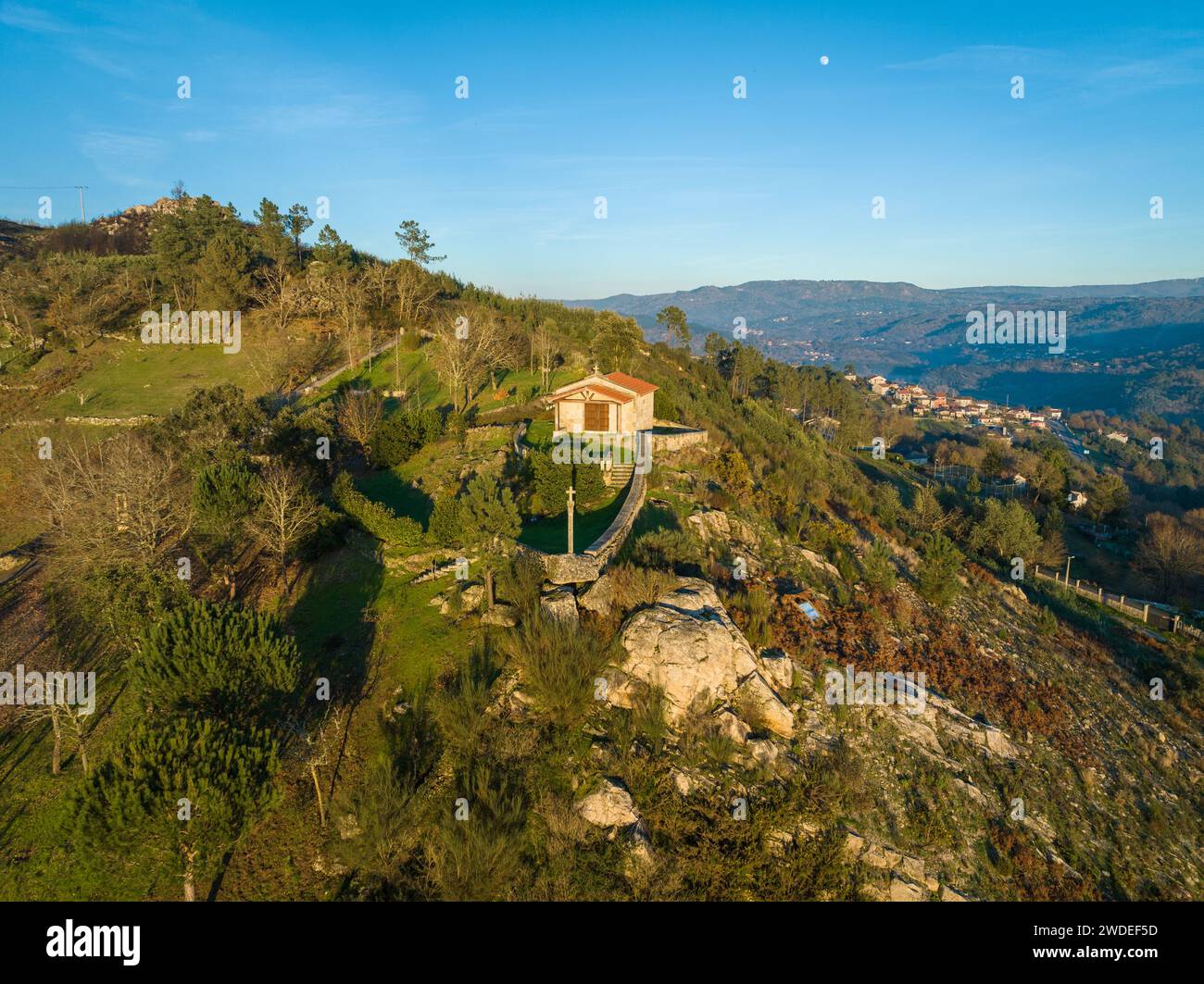 Aerial view of the chapel of San Marcos da Costa, on a hilltop north of the city of Ourense in Galicia, Spain. Stock Photo