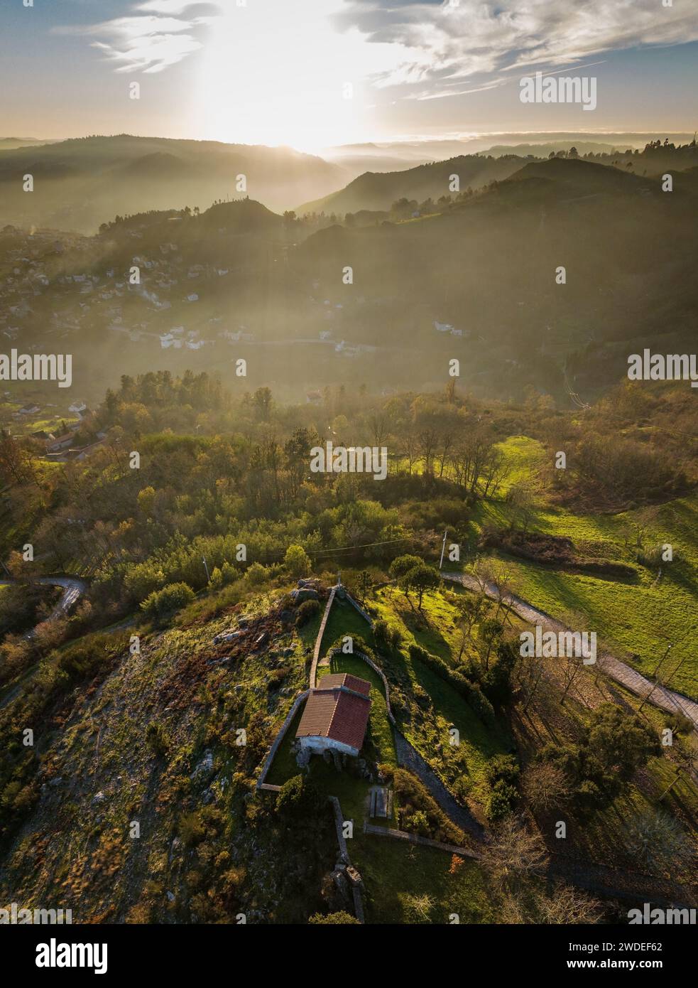 Aerial view of the chapel of San Marcos da Costa, on a hilltop north of the city of Ourense in Galicia, Spain. Stock Photo