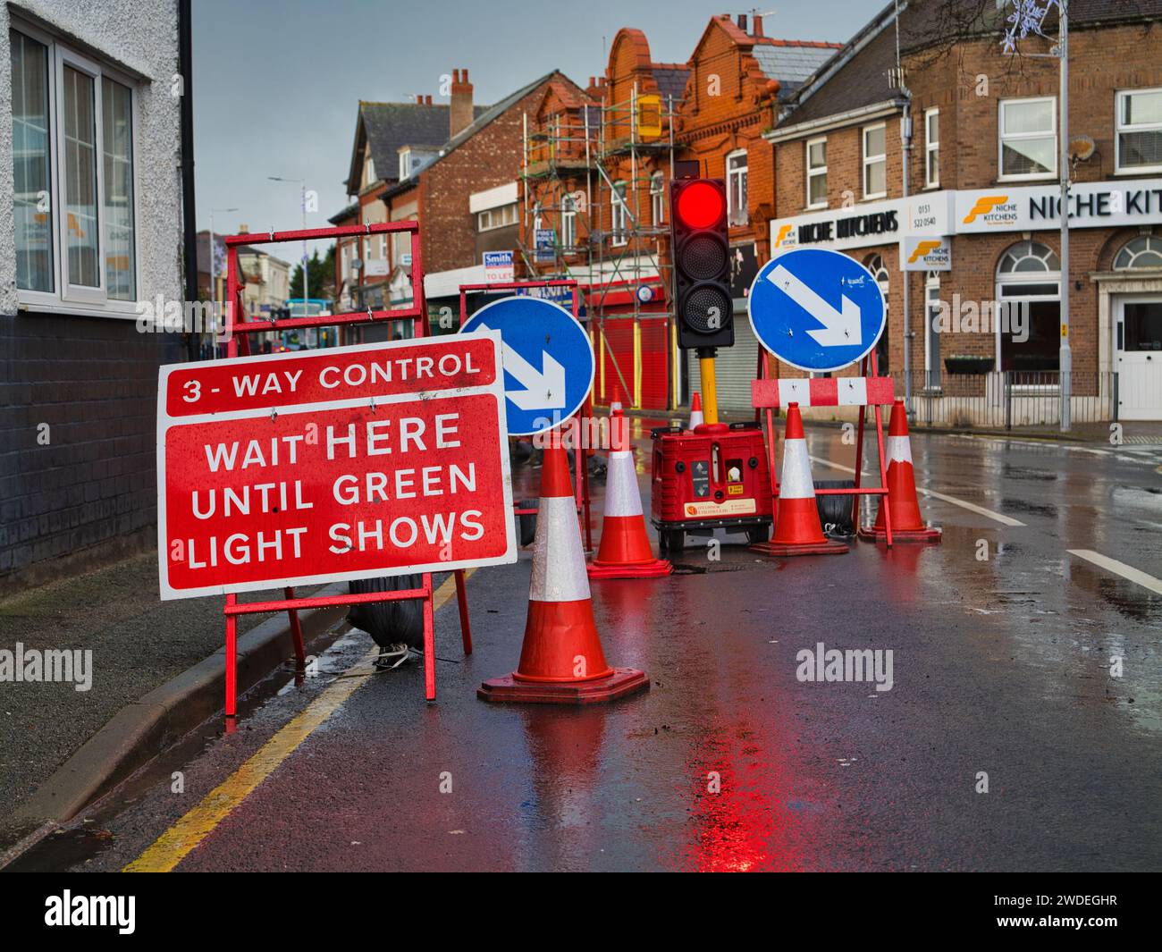Wirral, UK Dec 31 2023 A three way traffic control system in place