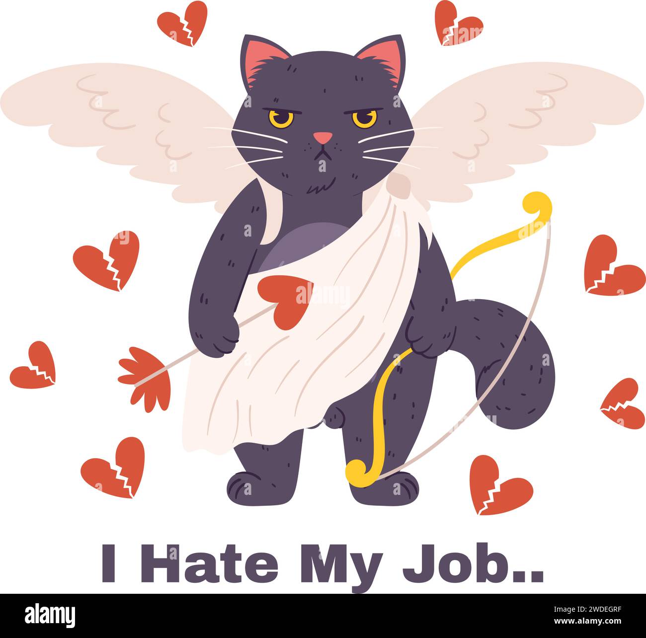 Grumpy cupid cat stands in a white cloth, holding arrow and bow in paw with wings behind him. Annoyed character who doesn't like Valentine's Day And T Stock Vector