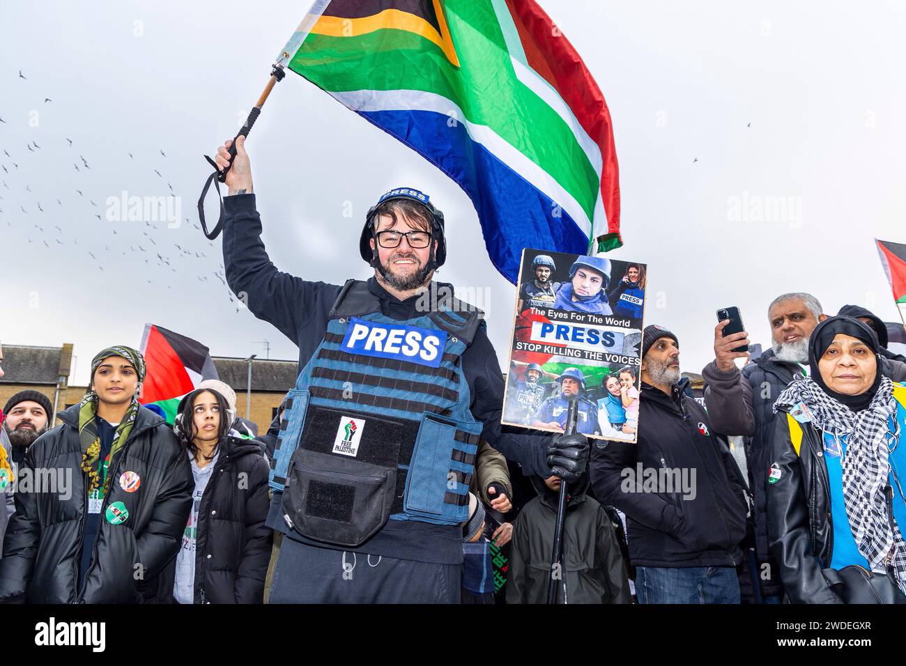 Dewsbury, UK, 20 January 2024, Yorkshire march for Gaza.    Gary Widdop poses as a member of the press to highlight the attacks on the press by Israel. Credit: Neil Terry/ Neil Terry Photography Credit: Neil Terry/Alamy Live News Stock Photo