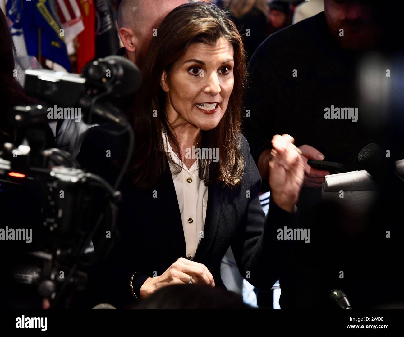 Former U.N. Ambassador Nikki Haley speaks to the press at a MaryAnn's Diner in Amherst, N.H., USA, on 19, January, 2024. Stock Photo