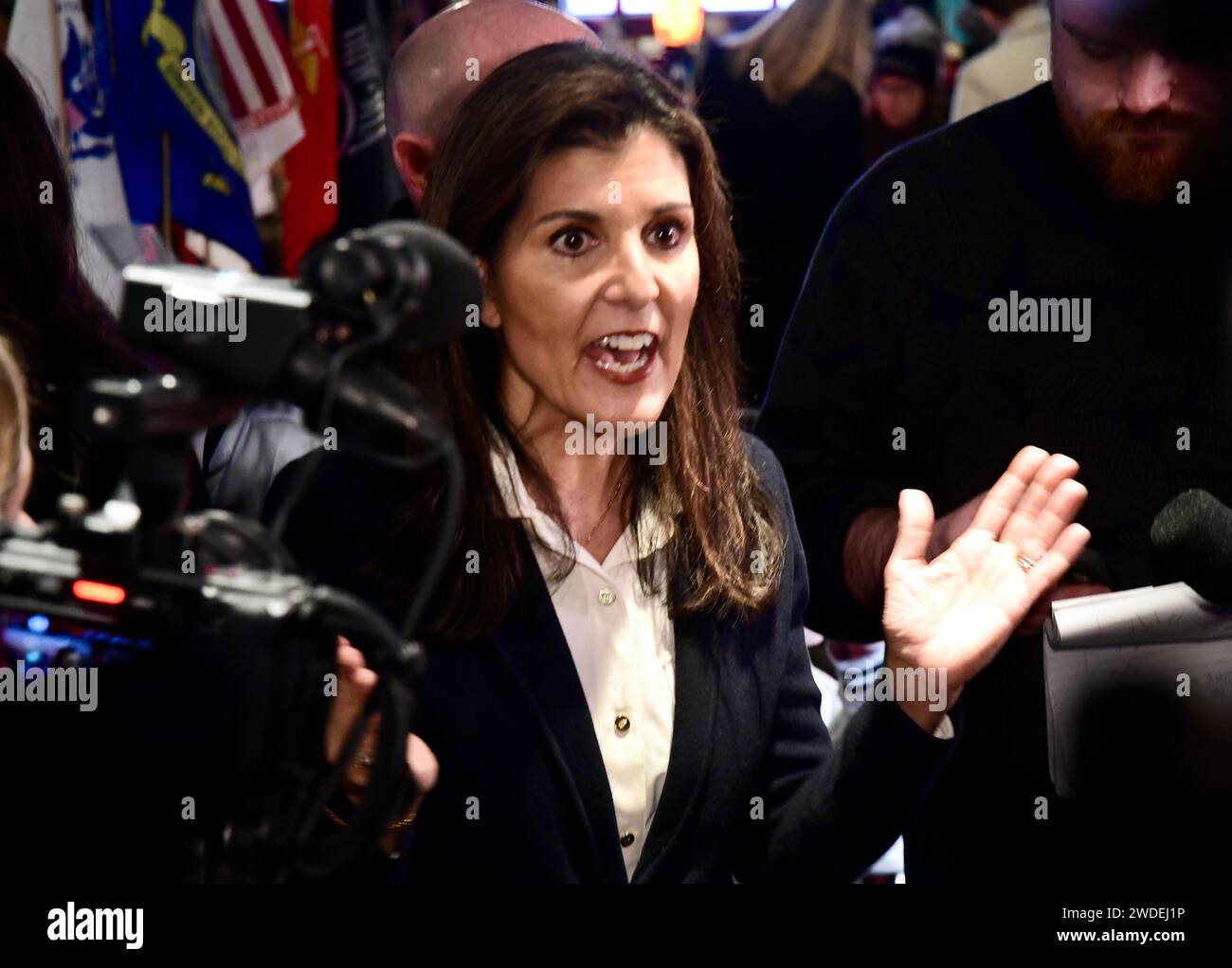 Former U.N. Ambassador Nikki Haley speaks to the press at a MaryAnn's Diner in Amherst, N.H., USA, on 19, January, 2024. Stock Photo