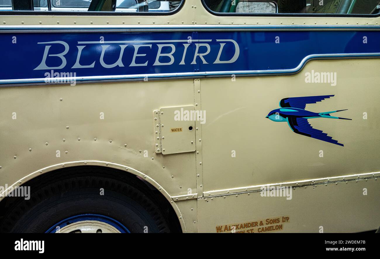 Vintage Bluebird bus at Bridgeton Bus Garage Vintage Vehicle Trust. Stock Photo