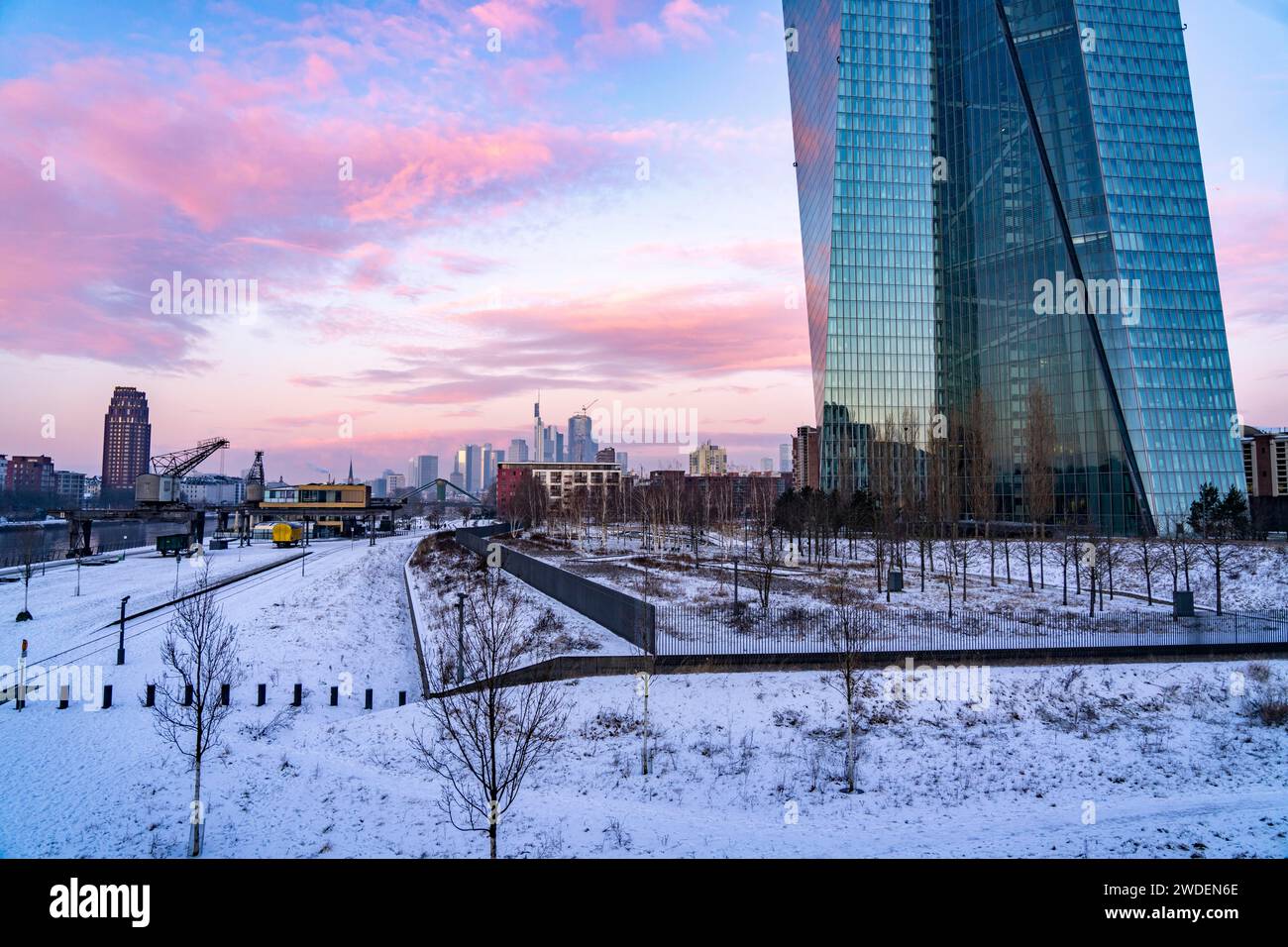 The skyline of Frankfurt am Main, skyscrapers of the banking district, building of the European Central Bank, ECB, wintry morning, Hesse, Germany, Stock Photo