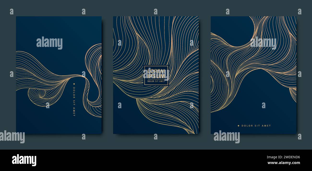Vector set of gold pattern backgrounds, wave design curve templates ...