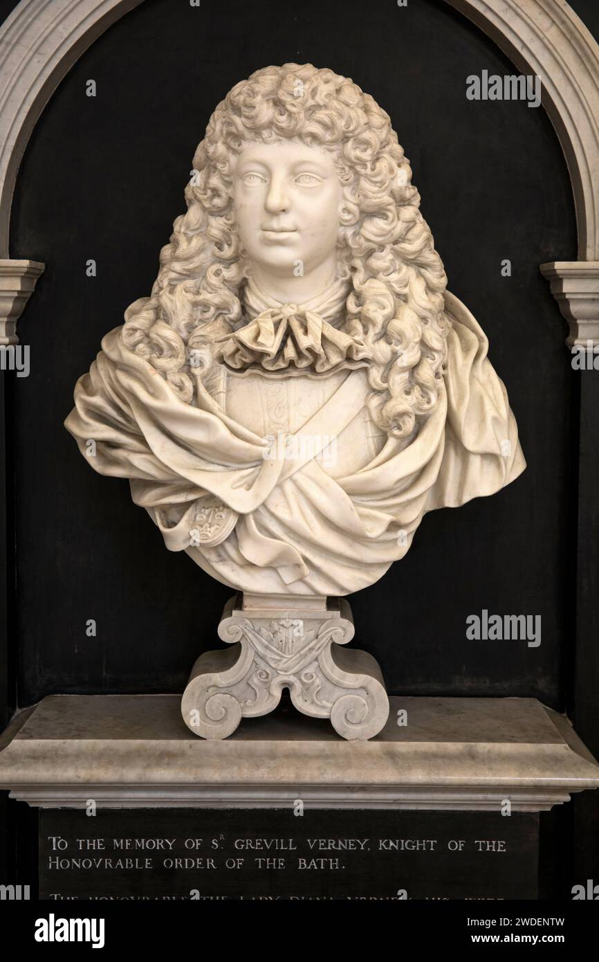 UK, England, Warwickshire, Compton Verney, Chapel, 1668 bust of Sir Grevil Verney on memorial Stock Photo