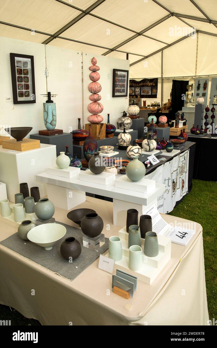 UK, England, Warwickshire, Compton Verney House, Potfest ceramics event, exhibitors’ stalls in marquee Stock Photo