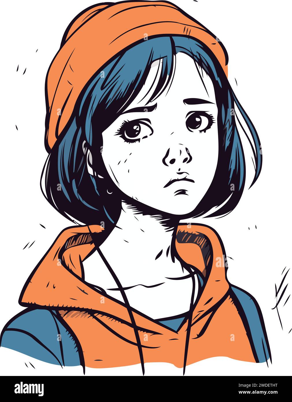 Portrait of a sad girl in an orange cap. Vector illustration Stock