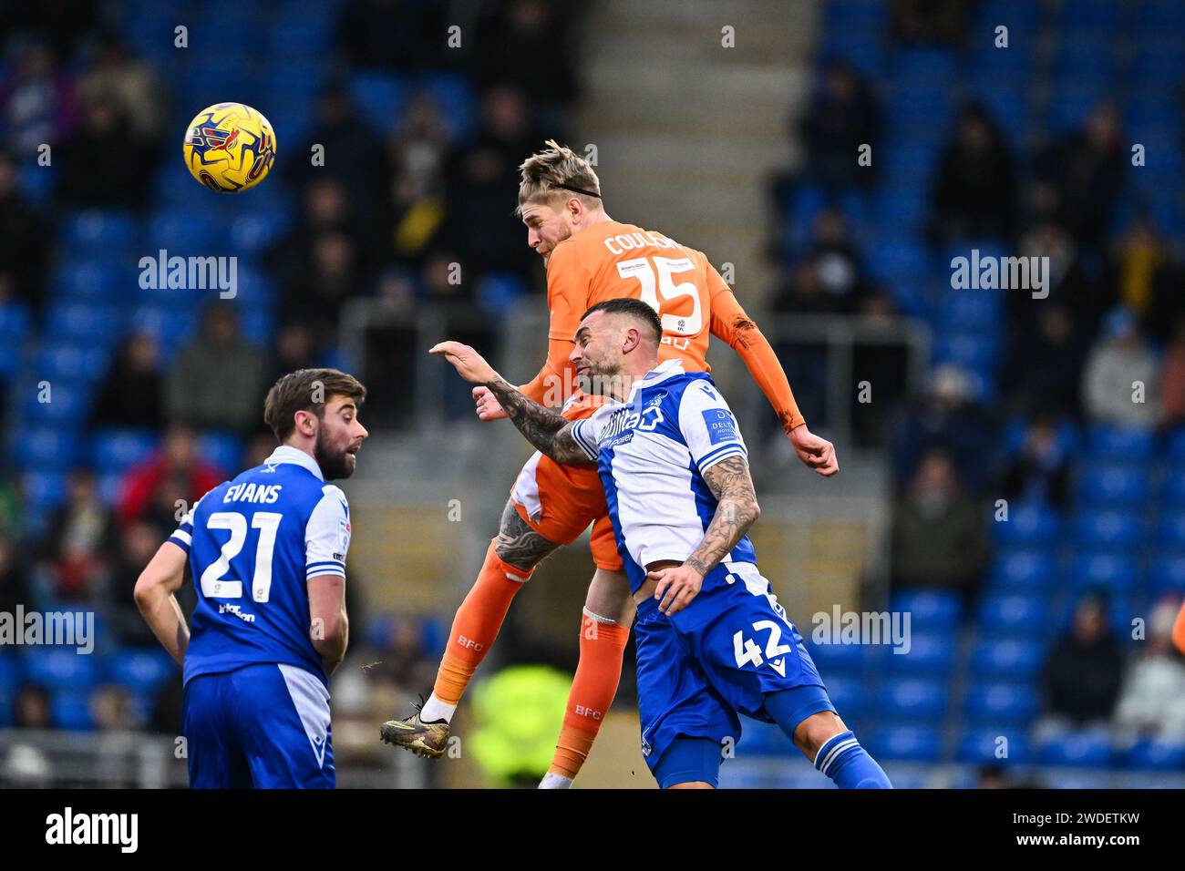 Hayden Coulson of Blackpool wins the header during the Sky Bet League 1