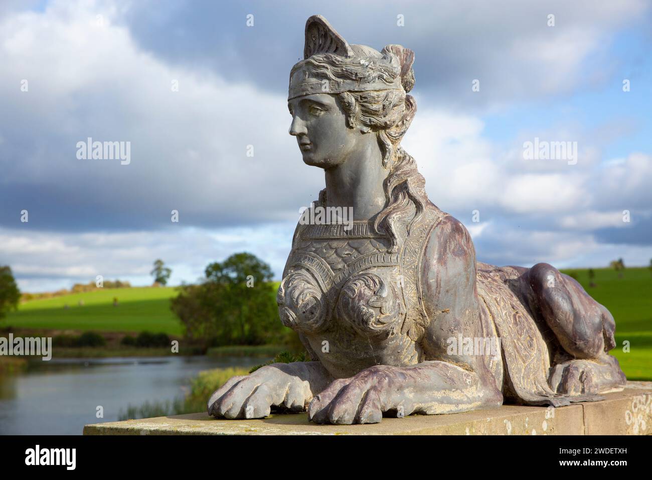 A sphinx sculpture on Upper Bridge at Compton Verney House, an 18th-century country mansion near Kineton in Warwickshire, England. Stock Photo