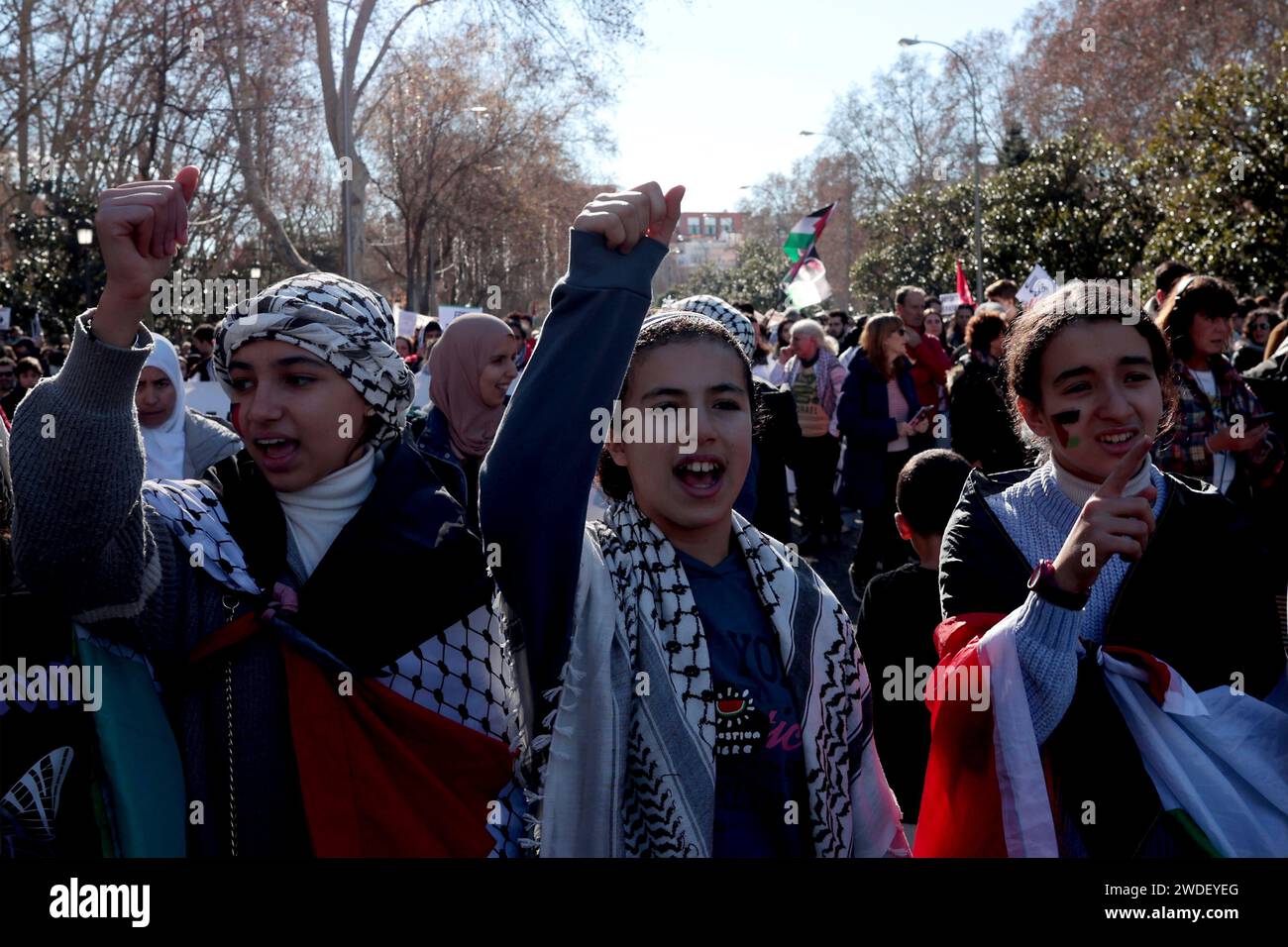 Madrid, Spanien. 20th Jan, 2024. Madrid Spain; 01/20/2024.- Solidarity Network against Occupation of Palestine (RESCOP) calls for demonstrations in Spain 'for the end of the genocide in Palestine, the end of the arms trade and the breaking of relations with Israel.' The mobilizations are held in 115 Spanish cities to protest against the Spanish Government for being 'failing to comply with state and international legislation by maintaining the arms trade with Israel.' Credit: Juan Carlos Rojas/dpa/Alamy Live News Stock Photo