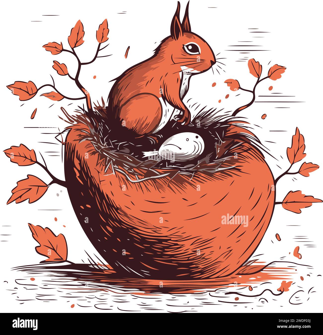 Hand drawn vector illustration of a red squirrel in a nest with an egg