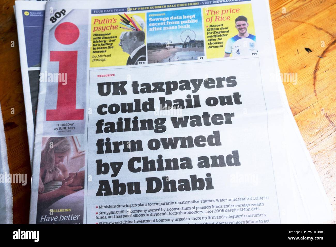 'UK taxpayers could bail out failing water firm owned by China and Abu Dhabi' i newspaper headline front page 29 June 2023 London England UK Stock Photo