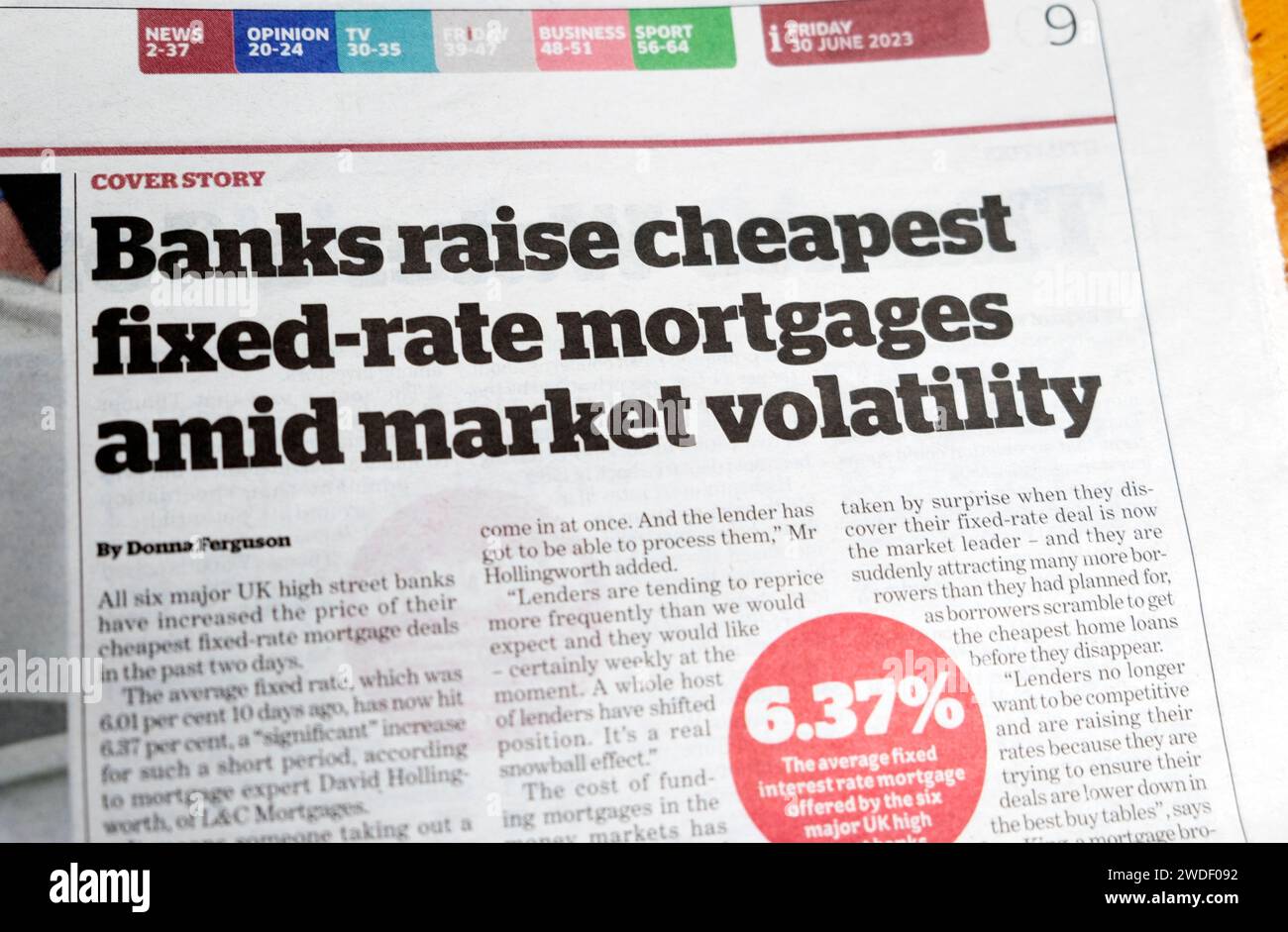 'Banks raise cheapest fixed-rate mortgages amid market volatility' i newspaper headline business article June 2023 London England UK Great Britain Stock Photo