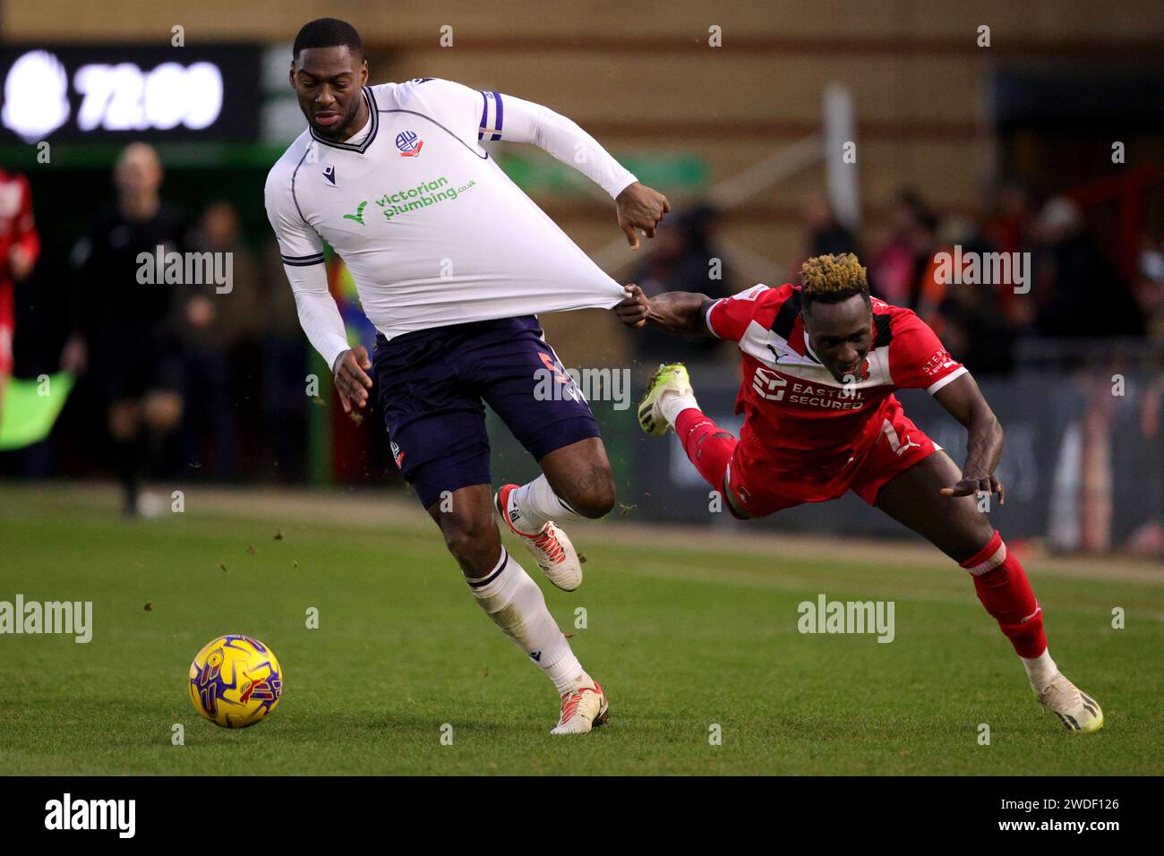 Leyton Orient’s Daniel Agyei (right) with Bolton's Ricardo Almeida Santos during the Sky Bet League One match at the Gaughan Group Stadium, London. Picture date: Saturday January 20, 2024. Stock Photo