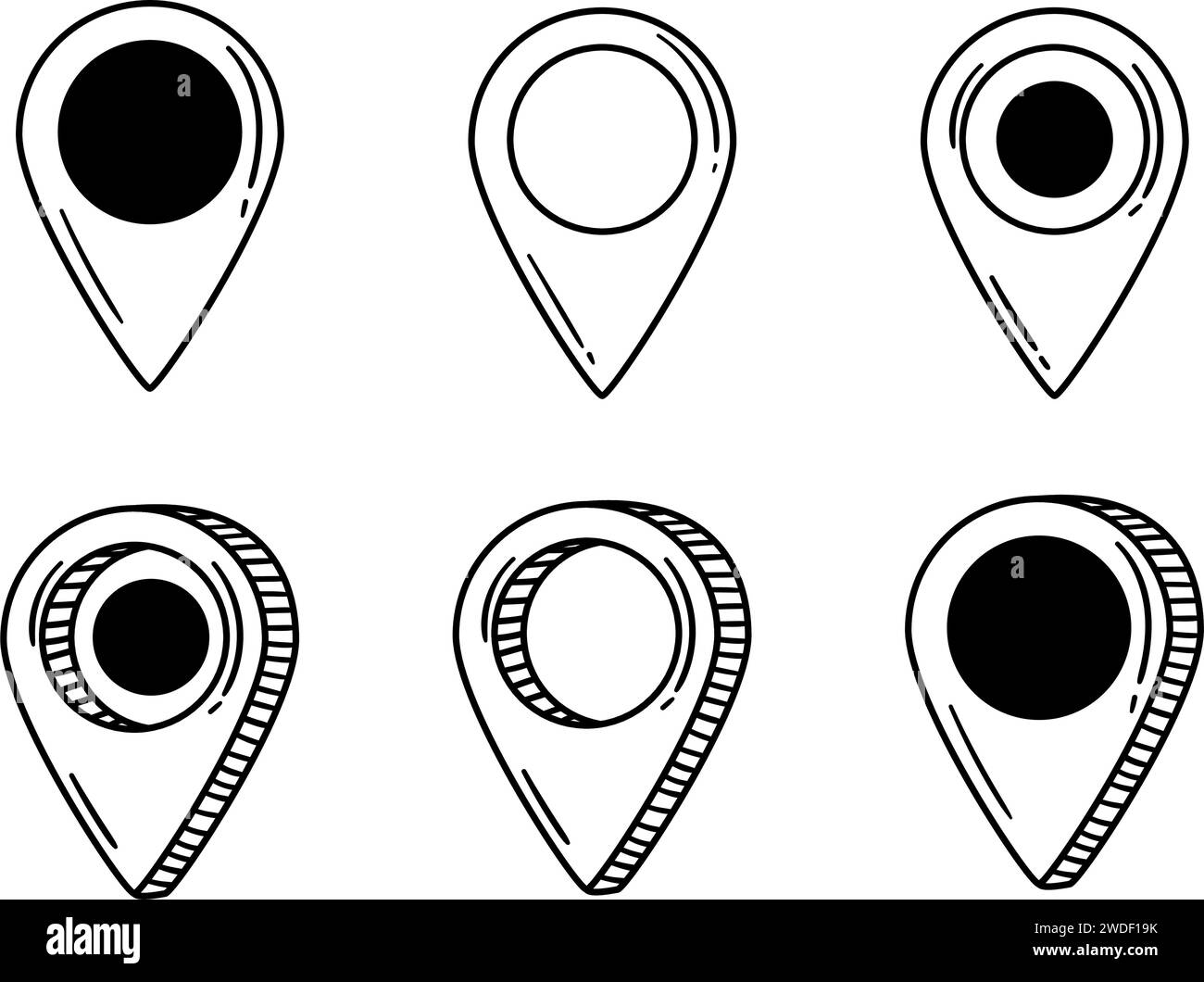 Collection of Hand Drawn Doodle Location Pins. Various Navigation