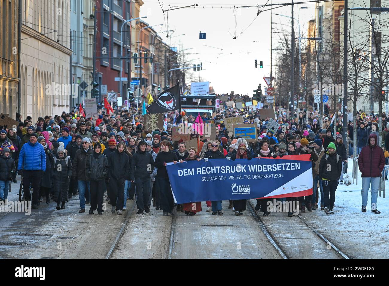 Halle, Germany. 20 January 2024, Saxony-Anhalt, Halle (Saale): The demonstration marches through Ludwig-Wucherer-Straße with thousands of participants. With the demonstration, the participants want to set an example of resistance against right-wing extremist activities. Photo: Heiko Rebsch/dpa Credit: dpa picture alliance/Alamy Live News Stock Photo