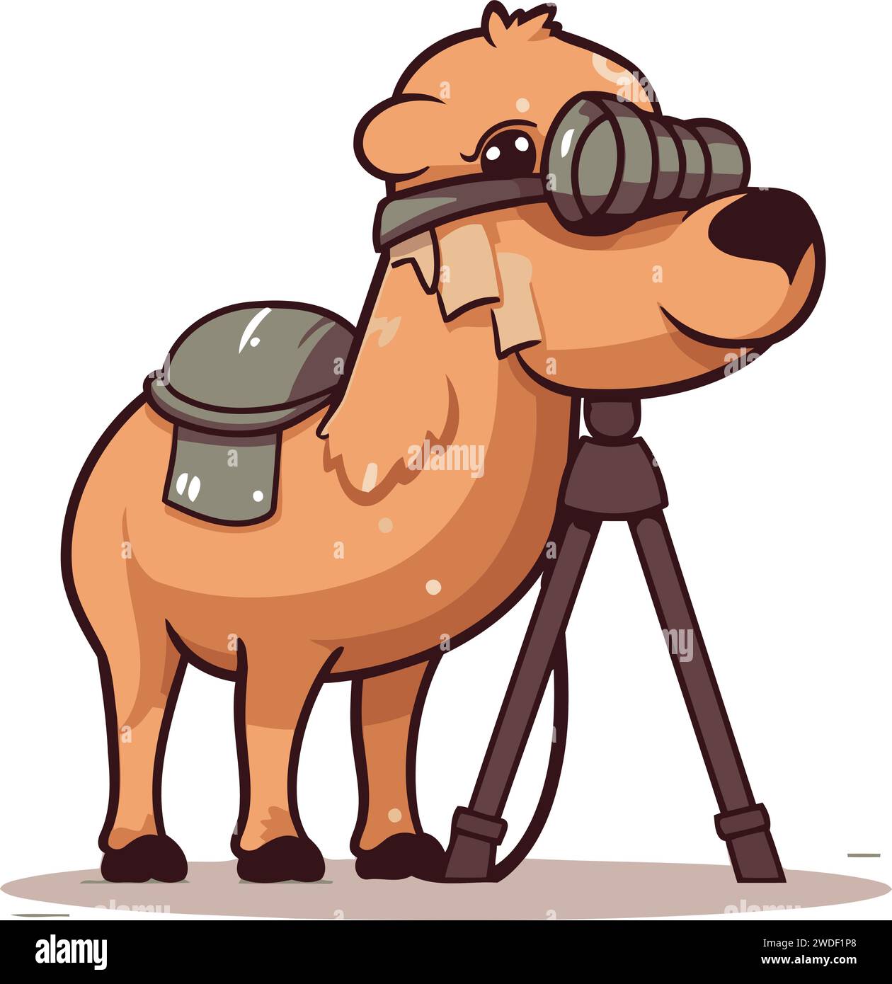 Cute cartoon camel with a camera on a tripod. Vector illustration Stock