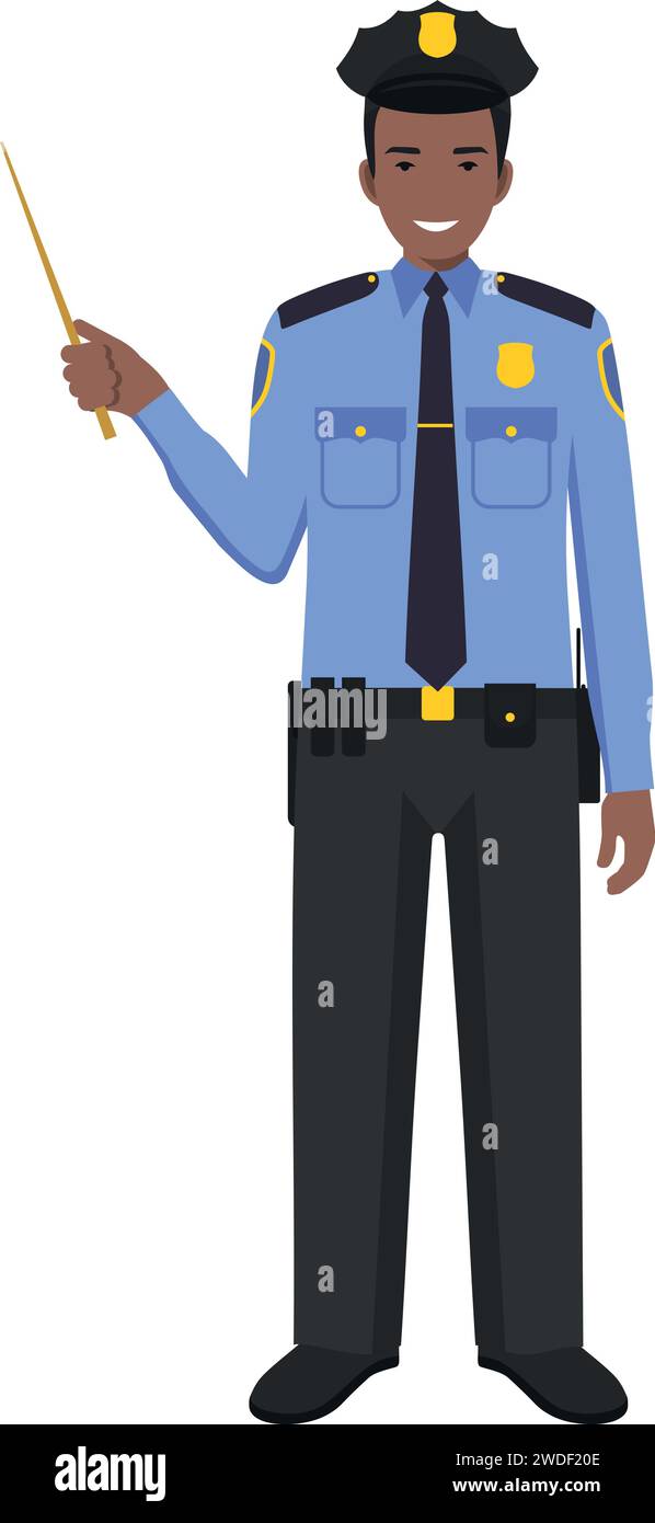Standing African American Policeman Officer with Wooden Pointer Stick in Traditional Uniform Character Icon in Flat Style. Stock Vector