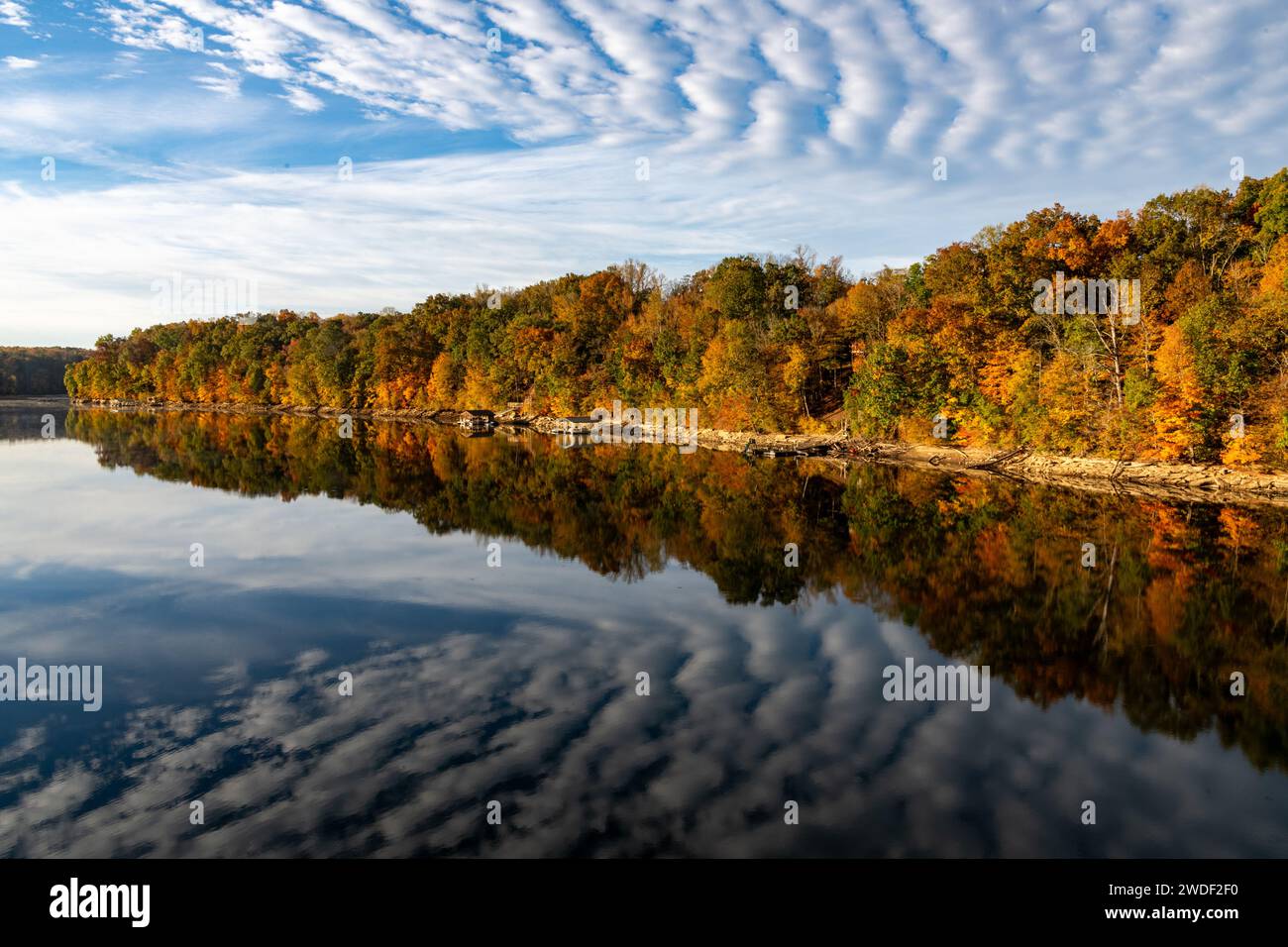 Fall Foliage Lake Reflection @ Rock Island State Park, Rock Island, TN Stock Photo