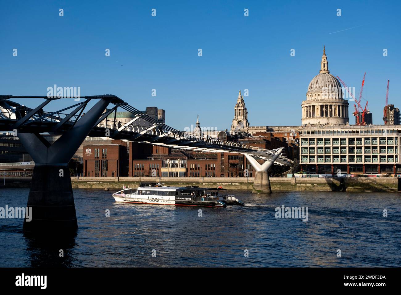 Uber Boat passes underneath Millennium Bridge on the River Thames beside St Pauls Cathedral from Bankside on 16th January 2024 in London, United Kingdom. St Pauls Cathedral is an Anglican cathedral in London. As the seat of the Bishop of London, the cathedral serves as the mother church of the Diocese of London. It sits on Ludgate Hill at the highest point of the City of London and is a Grade I listed building. Stock Photo