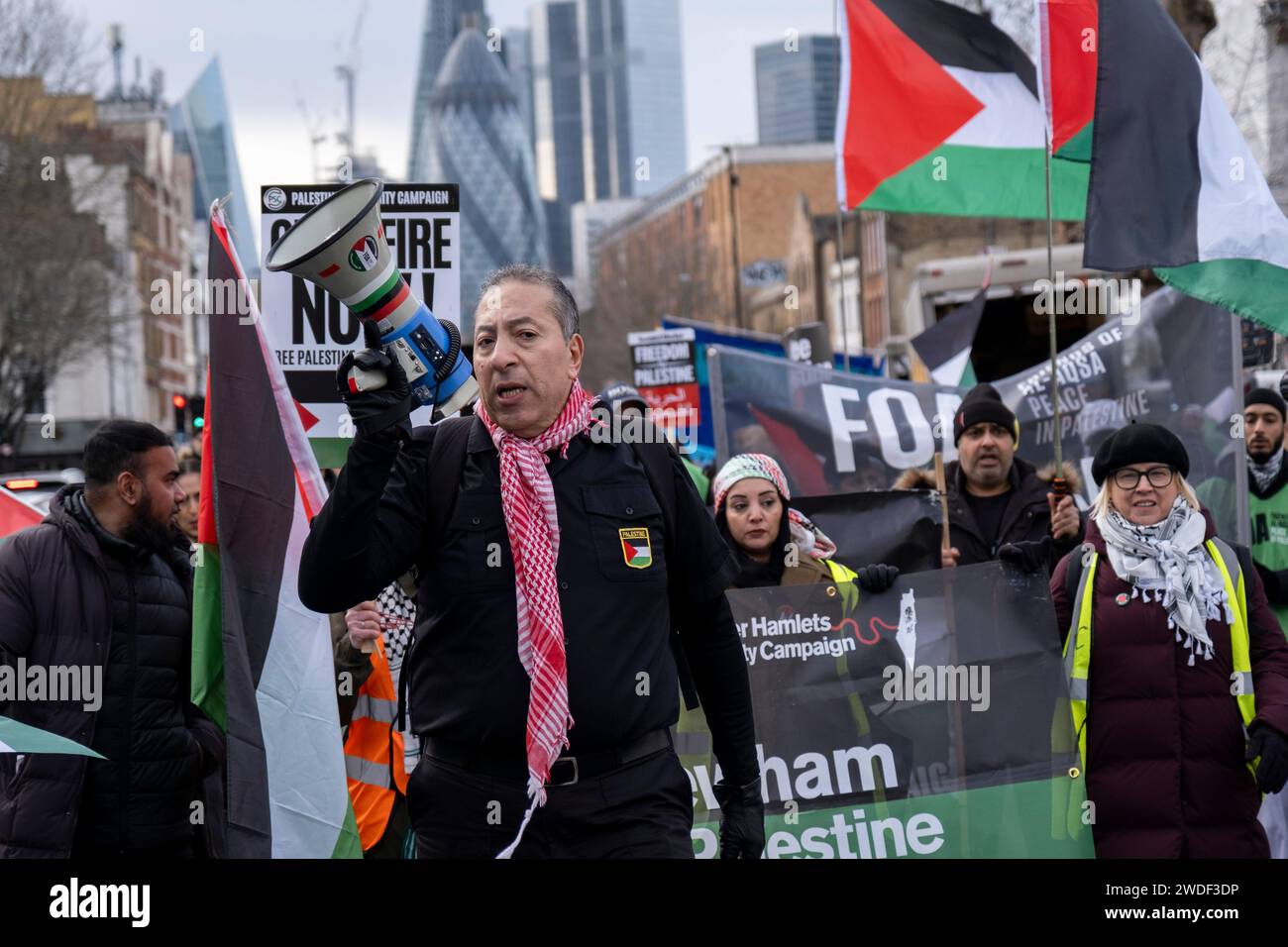 Hundreds of protesters gathered in Whitechapel for a Palestine Day of Action to call for peace and a ceasefire in Gaza and freedom for Palestine on 20th January 2024 in East London, United Kingdom. Major demonstrations in the capital did not occur this weekend, and instead smaller protests took place adding up to many thousands of people all over the city and country to call an end to the Hamas-Israel conflict. Stock Photo