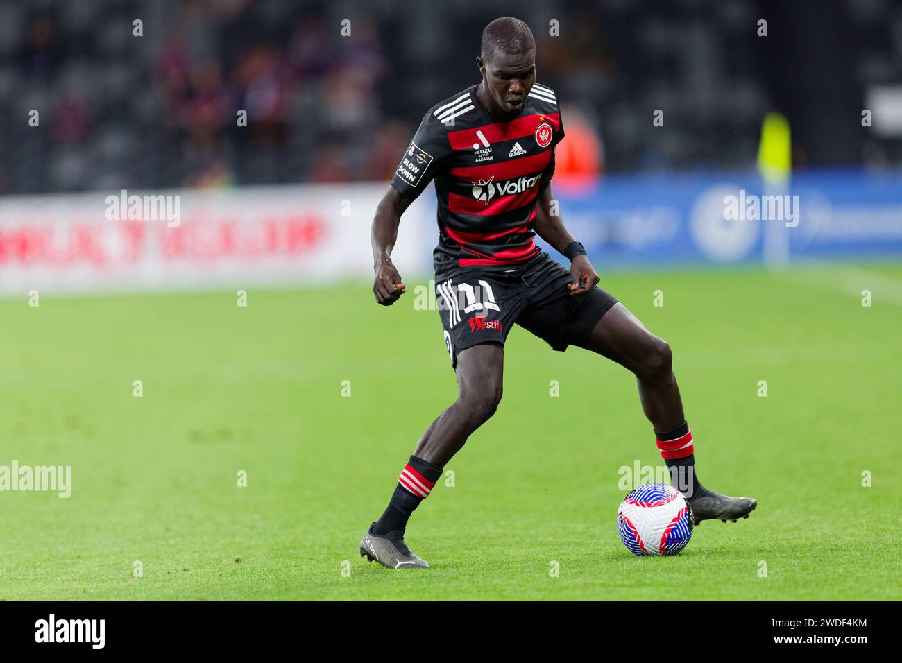 Sydney, Australia. 20th Jan, 2024. Valentino Yuel of the Wanderers controls the ball during the A-League Men Rd13 match between the Wanderers and Perth Glory at CommBank Stadium on January 20, 2024 in Sydney, Australia Credit: IOIO IMAGES/Alamy Live News Stock Photo