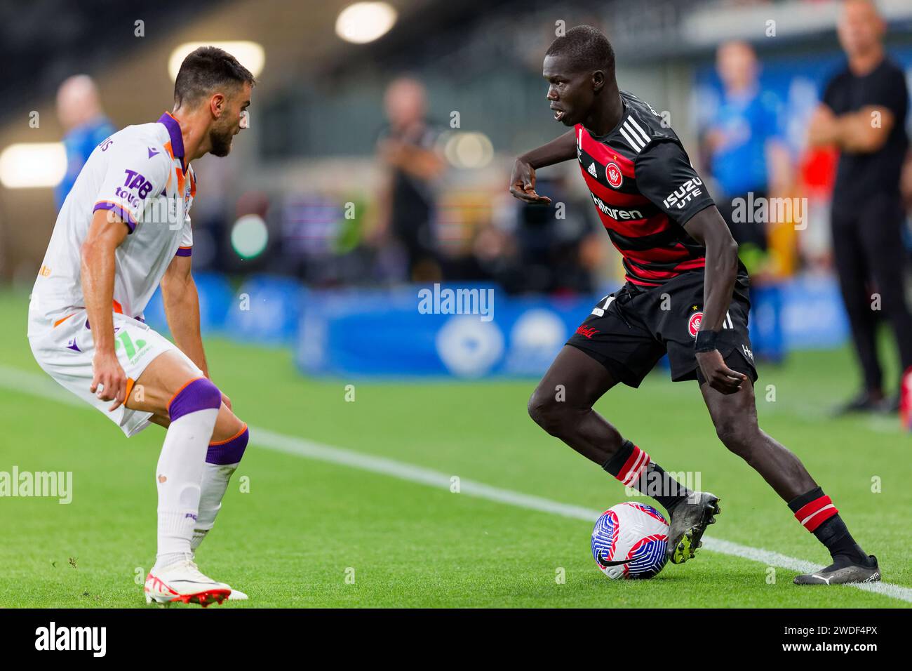 Sydney, Australia. 20th Jan, 2024. Valentino Yuel of the Wanderers controls the ball during the A-League Men Rd13 match between the Wanderers and Perth Glory at CommBank Stadium on January 20, 2024 in Sydney, Australia Credit: IOIO IMAGES/Alamy Live News Stock Photo