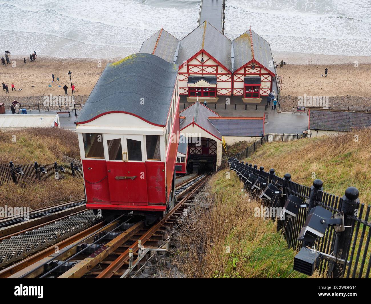 Saltburn cliff lift with one carriage just departed from the top station Stock Photo