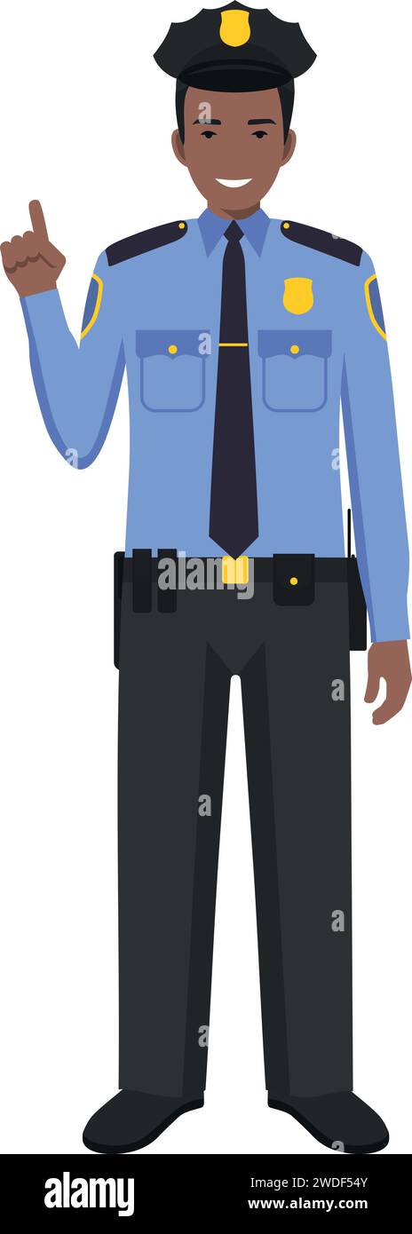 Standing African American Policeman Officer in Traditional Uniform Character Icon in Flat Style. Stock Vector
