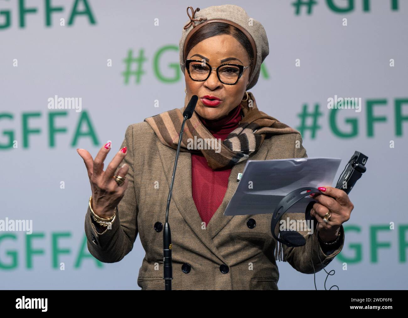 Berlin, Germany. 20th Jan, 2024. Josefa Sacko, African Union Commissioner for Rural Economy and Agriculture, speaks on stage at the Berlin Agriculture Ministers' Conference. Credit: Monika Skolimowska/dpa/Alamy Live News Stock Photo