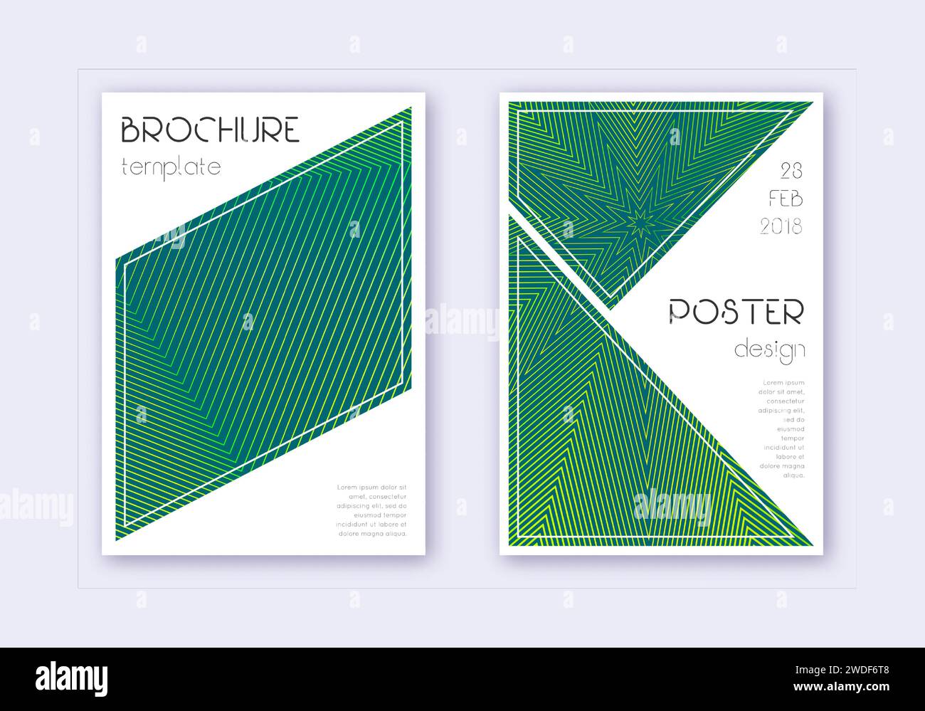 Triangle cover design template set. Green abstract lines on dark background. Ideal cover design. Eminent catalog, poster, book template etc. Stock Vector