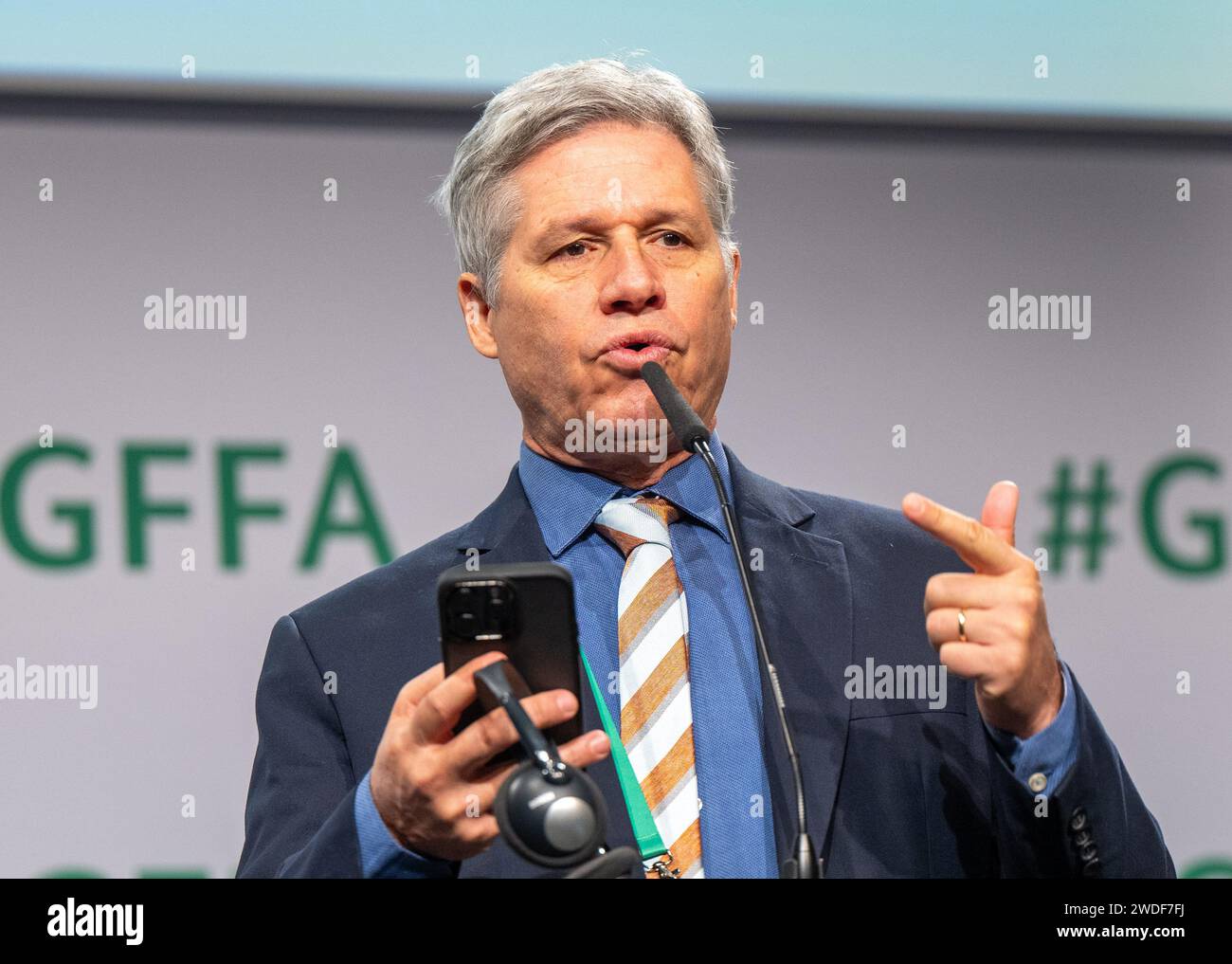 Berlin, Germany. 20th Jan, 2024. Paulo Teixeira, Brazilian Minister for Agricultural Development and Family Farming, speaks on stage at the Berlin Agriculture Ministers' Conference. Credit: Monika Skolimowska/dpa/Alamy Live News Stock Photo