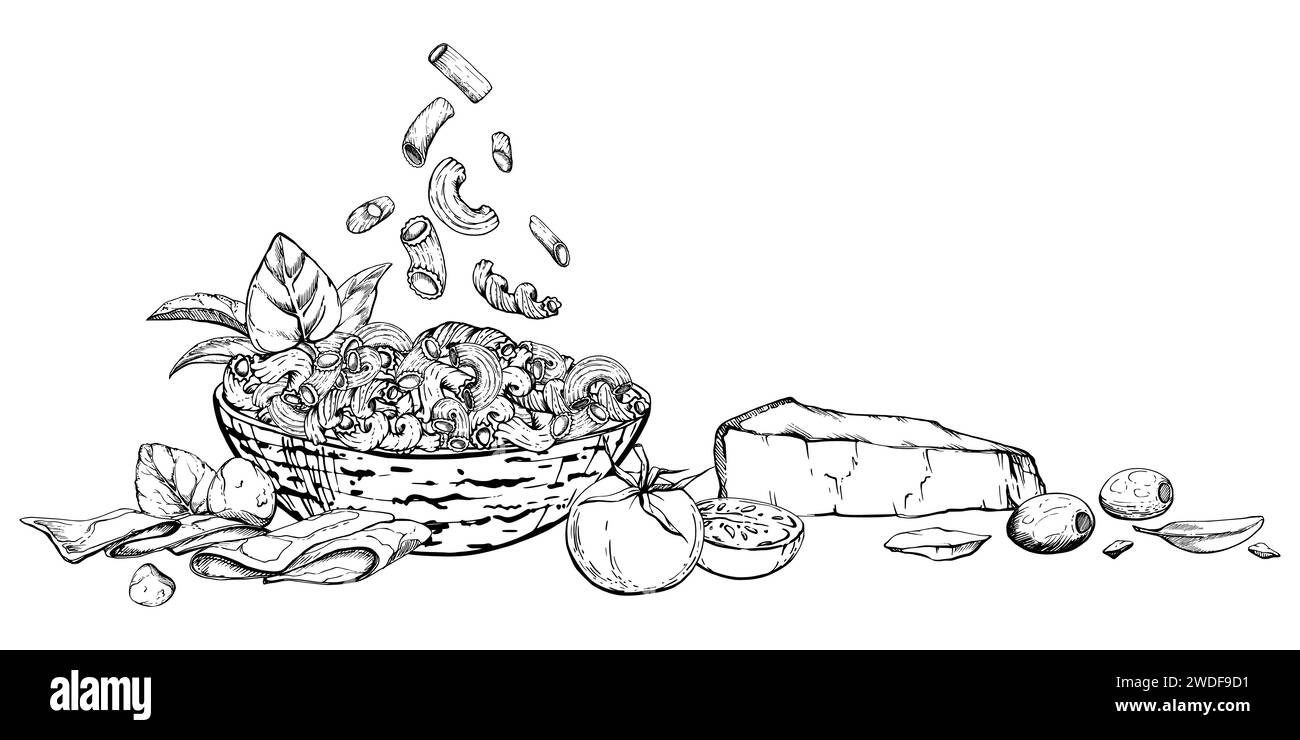 Hand drawn vector ink illustration. Pasta Italian cuisine dish, elbows ...