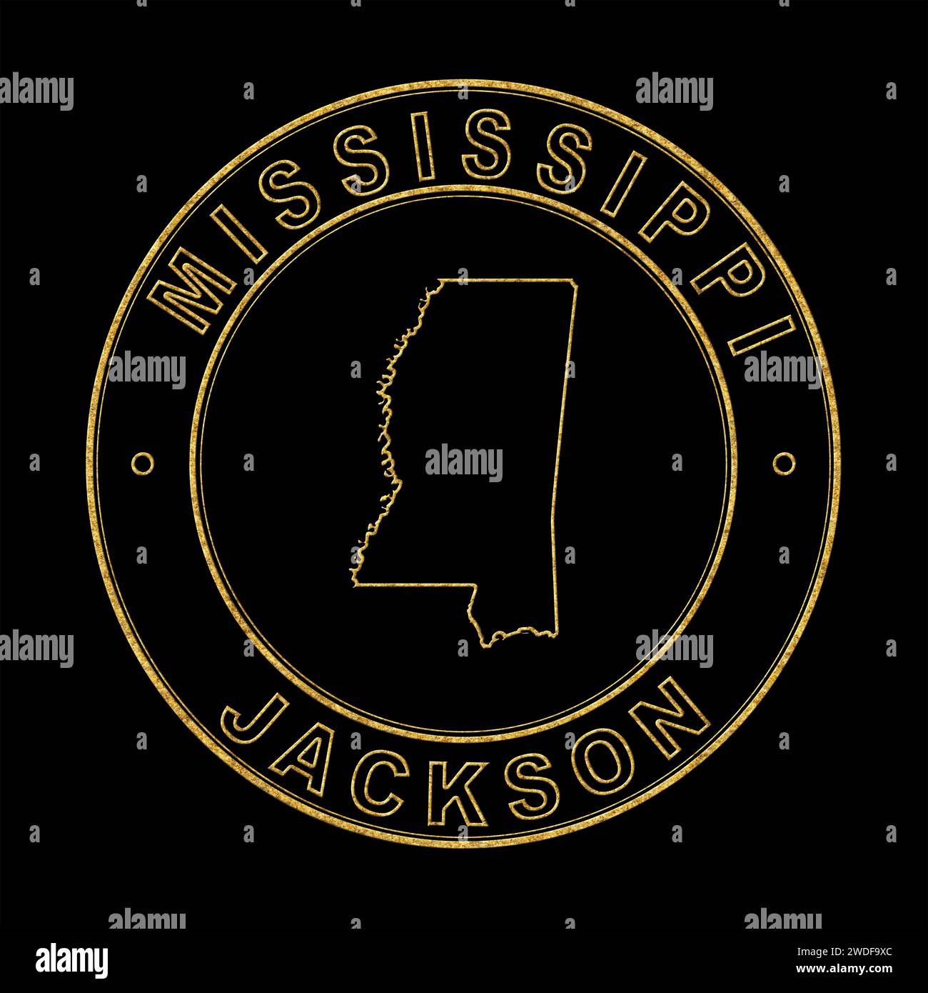 Map of Mississippi, Golden Stamp Black Background, Clipping Path Stock