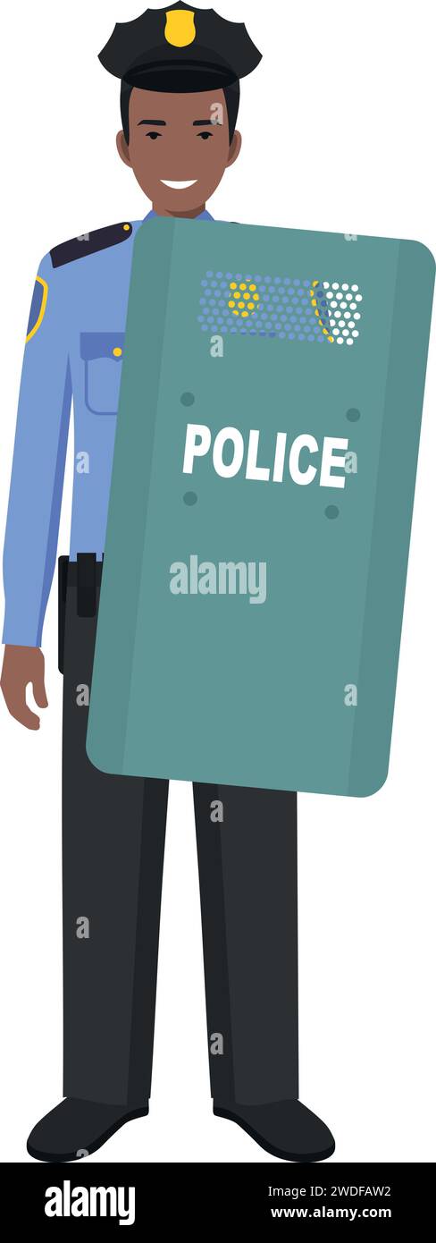 Standing African American Policeman Officer with Metal Protective Shield in Traditional Uniform Character Icon in Flat Style. Stock Vector