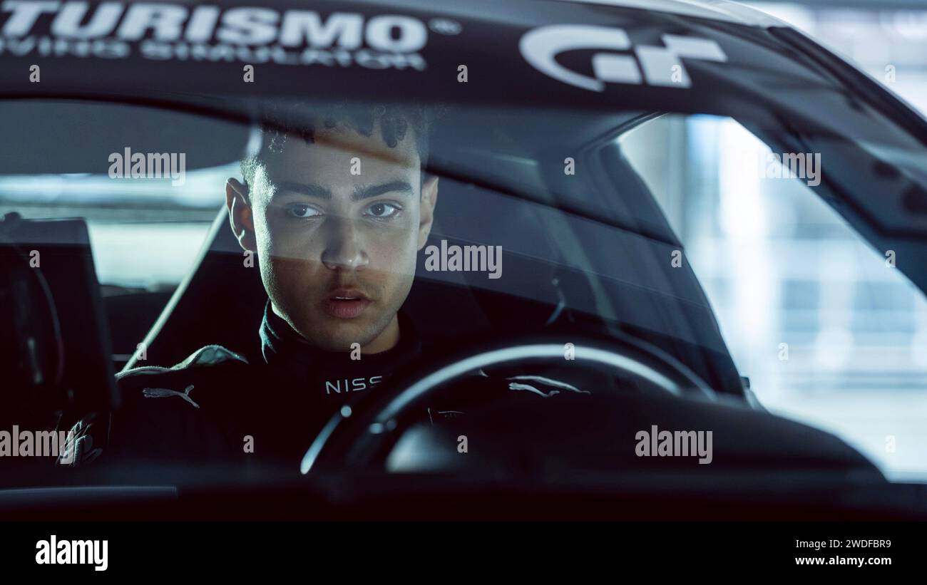 Gran Turismo (2023) directed by Neill Blomkamp and starring Archie Madekwe as Jann, a Welsh gamer who wins a comnpetition and gets behind a real wheel. Publicity photograph ***EDITORIAL USE ONLY***. Credit: BFA / Gordon Timpen / Columbia Pictures Stock Photo