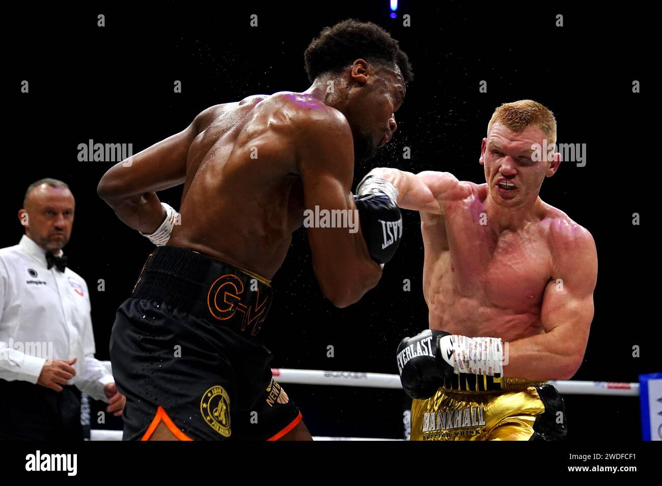 Boxer Mark Jeffers (right) strikes Germaine Brown during the Super-Middle Title bout at the M&S Bank Arena, Liverpool. Picture date: Saturday January 20, 2024. Stock Photo