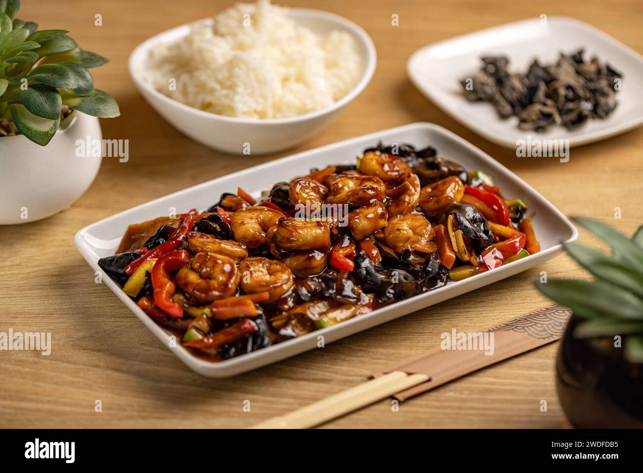 Thai spicy food concept. Stir fried crispy shrimp with vegetables and