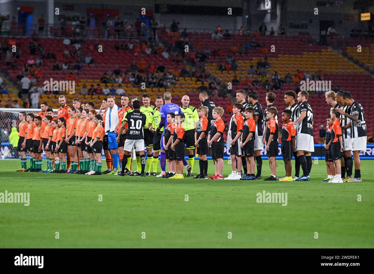 Prematch lineup at round 13 of the ALeague mens football, Brisbane Roar vs Macarthur FC