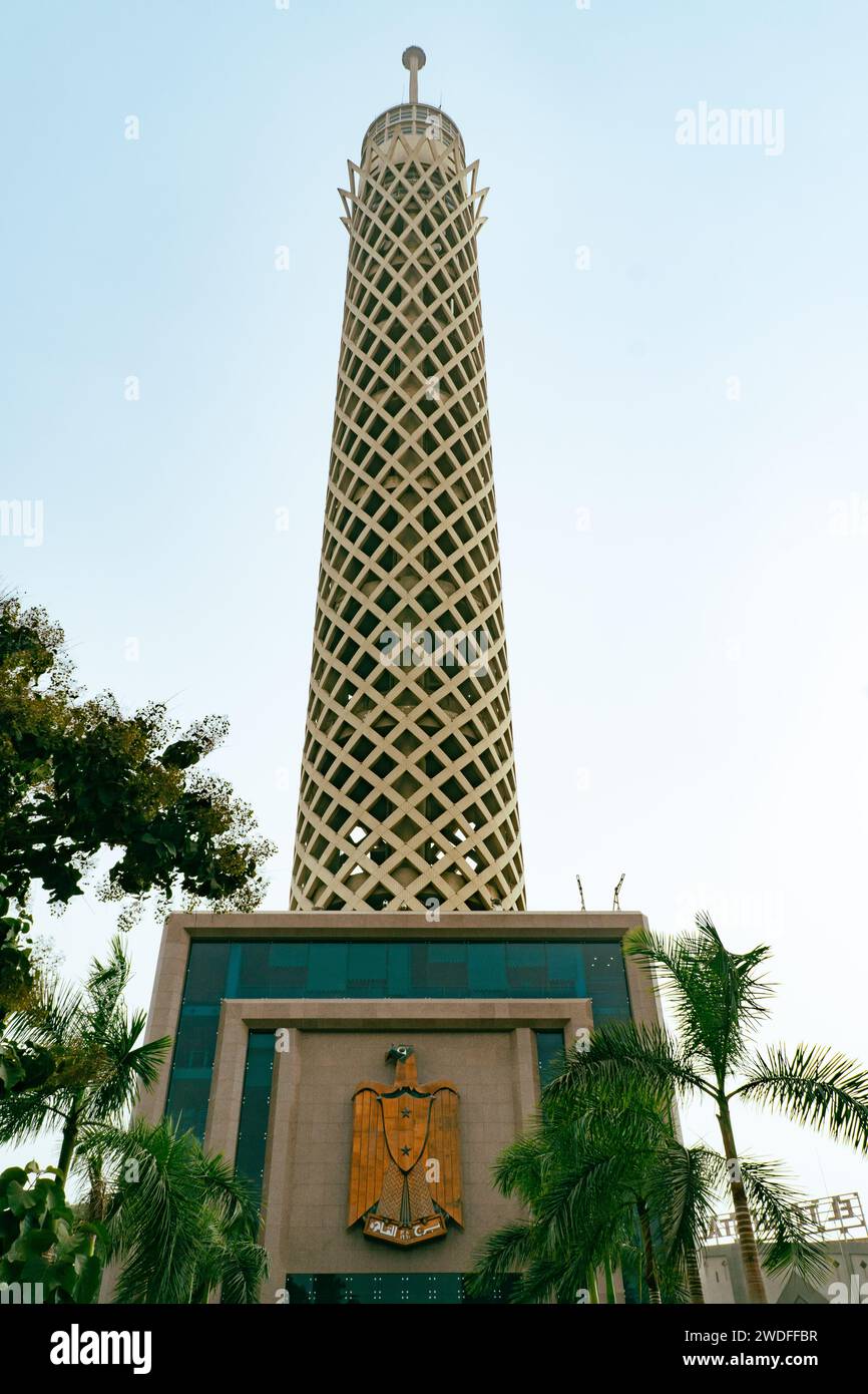 Cairo Tower, a famous landmark with open lattice-work design to evoke a pharaonic lotus plant, an iconic symbol of Ancient Egypt. Stock Photo