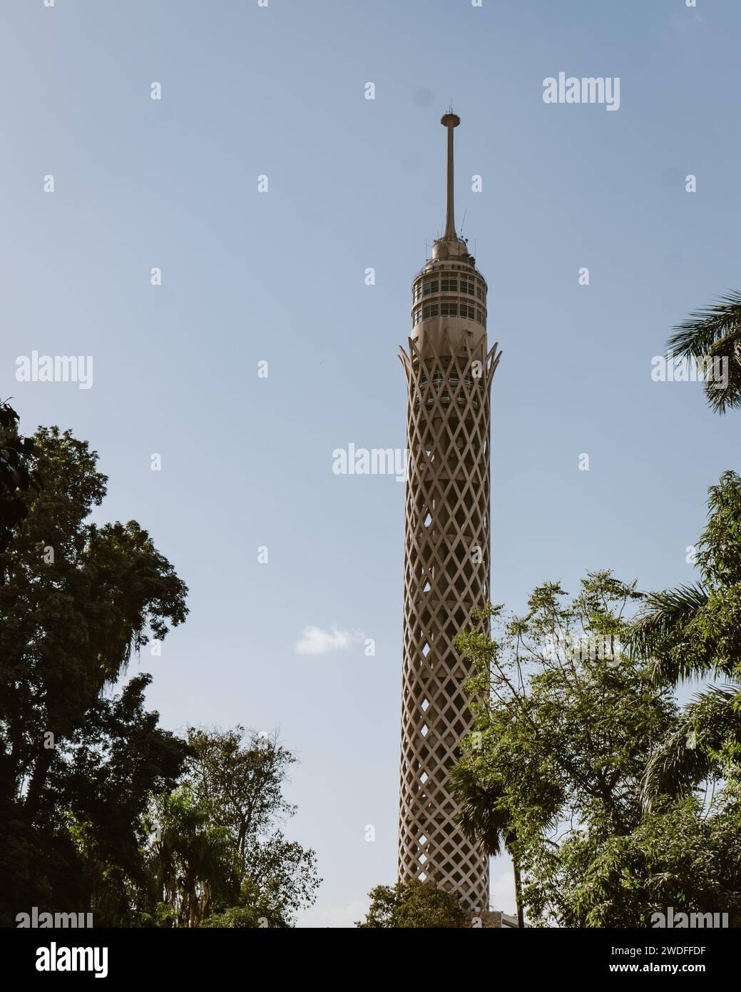 Cairo Tower, a famous landmark with open lattice-work design to evoke a pharaonic lotus plant, an iconic symbol of Ancient Egypt. Stock Photo