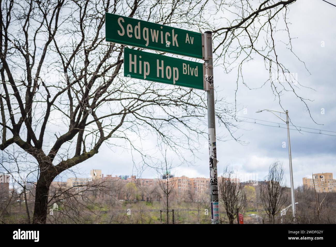 Street signs in Sedgwick Avenue, The Bronx, New York. The Birthplace of Hip Hop music. Stock Photo