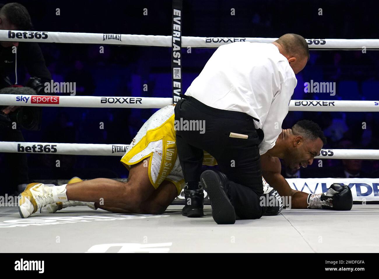 Steve Eloundou Intere (right) reacts after being struck by Jack Massey